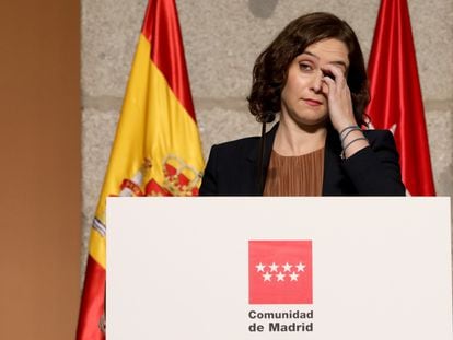 Isabel Díaz Ayuso, el viernes, durante el anuncio de las restricciones para contener el coronavirus en Madrid.