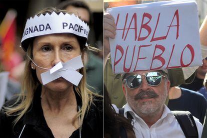 A la izquierda, indignados de Barcelona, con la boca tapada. A la derecha, un manifestante de Bilbao muestra un cartel.