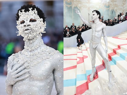 También inspirándose en Choupette, el rapero Lil Nas X. En su caso simplemente vistió un escueto slip y unas botas con plataforma, pero todo el peso del look recayó en el laborioso trabajo de decoración, obra de Pat McGrath. La célebre maquilladora necesitó nueve horas de trabajo y miles de cristales de todos los tamaños para conseguir este llamativo resultado. Concretamente 218.784 cristales de Swarovski.