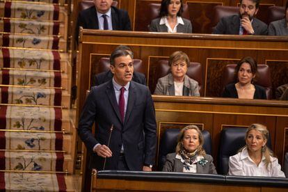 El presidente del Gobierno, Pedro Sánchez, interviene durante una sesión de control al Gobierno, en el Congreso de los Diputados, este miércoles.