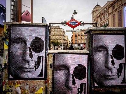 Carteles con el rostro de Vladímir Putin creados por el artista madrileño Bnomio.