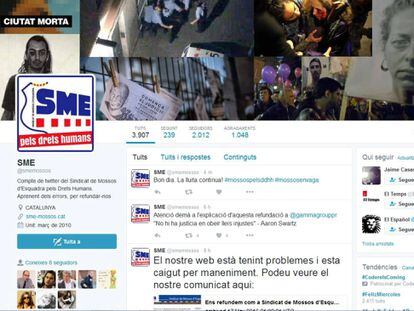La cuenta de Twitter del sindicato de los Mossos SME después de ser hackeado, en 2016.