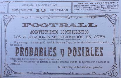 Cartel que anunciaba la celebración de un partido con los jugadores seleccionados para los Juegos Olímpicos de Amberes 1920.