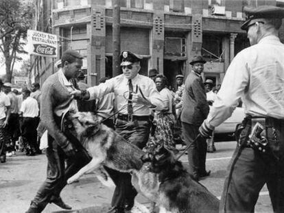 Un negro es atacado por un perro de la polic&iacute;a en Alabama, en 1963