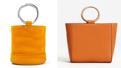 Los bolsitos con forma de cubo son uno de los modelos ganadores en el street style. Este, de Simon Miller (390 euros), tiene bastante en común con la versión de Mango (29,99 euros).