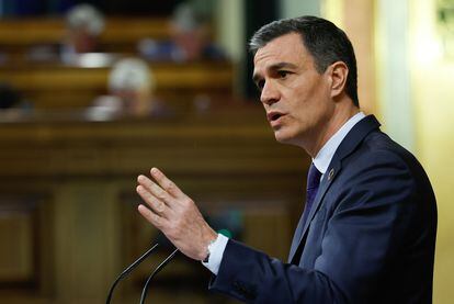  El presidente del Gobierno, Pedro Sánchez, durante su intervención. 