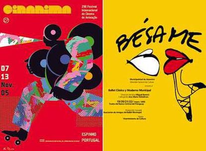 A la izquierda, la imagen para el 29º Festival de Cine de Animación de Portugal, Cinanima, de Joao Machado (2005) y, a la derecha, cartel para la obra <i>Bésame</i>, del Ballet clásico y moderno municipal de Asunción, Paraguay, de Celeste Prieto (2005).