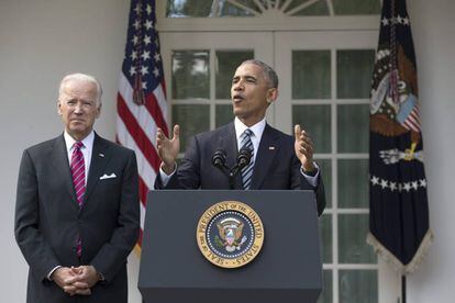 El presidente estadounidense, Barack Obama, junto al vicepresidente, Joe Biden, durante su primera declaración sobre las elecciones.