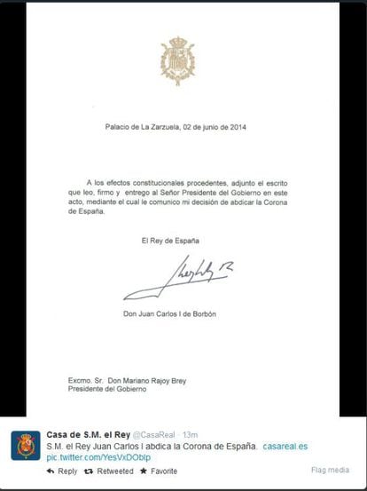 Documento en el que el Rey formaliza su abdicación.