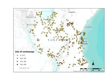 Mapa con datos sobre uso de contraceptivos por parte de las mujeres en Tanzania.