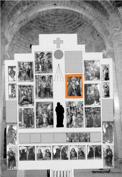 Reconstrucción hipotética del retablo mayor, según Carme Berlabé e Isidre Puig en el año 2000. En naranja, la tabla que se subasta.
