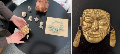 Una máscara de oro de la cultura Tumaco y otras piezas, entre los 76 objetos arqueológicos que regresaron este domingo a Colombia.
