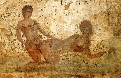 Fresco con una escena erótica en Pompeya.
