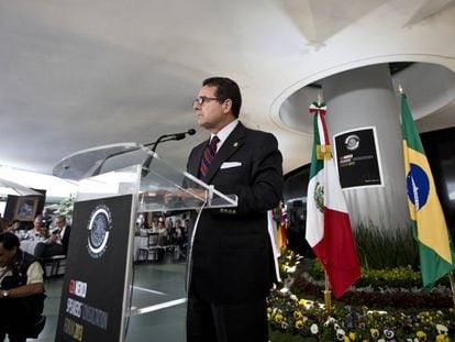 Francisco Arroyo Vieyra, en el IV Foro de Jefes del Parlamento de los pa&iacute;ses del G20, en abril de 2013, en la Ciudad de M&eacute;xico. 