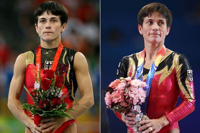 A la izq., cuando Chusovitina ganó la plata en Pekín 2008. A la derecha, en los mundiales de Tokio en 2011.