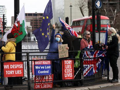 Unos manifestantes contrarios al Brexit protestan frente al Parlamento en Londres, el pasado 9 de febrero.