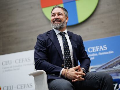 El presidente de Vox, Santiago Abascal, este martes, durante una conferencia en la Universidad CEU San Pablo.