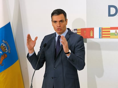 El presidente del Gobierno, Pedro Sánchez, durante su intervención en la reunión de la XXVI Conferencia de Presidentes del pasado domingo en Los Llanos de Aridane (La Palma).