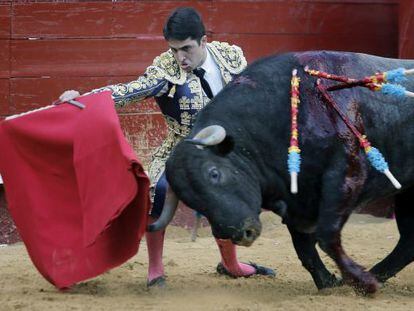 Javier Casta&ntilde;o, al inicio de la faena a su primer toro.