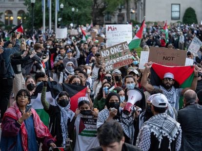 Protesta de estudiantes en apoyo de los palestinos y Gaza, en la Universidad de Columbia, el 12 de octubre en Nueva York.