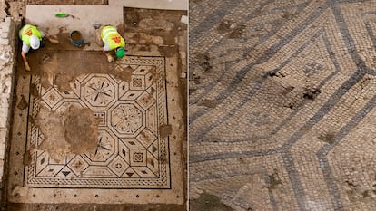A la izquierda, imagen de 2011 de operarios trabajando en un mosaico que se dejó al descubierto sin restaurar en el hospitium de los Delfines. A la derecha, pérdidas y abombamientos del mismo mosaico en una imagen tomada la semana pasada.