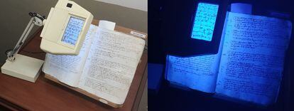Lámpara ultravioleta usada para catalogar documentos, en una imagen del Arxiu Històric de Girona.