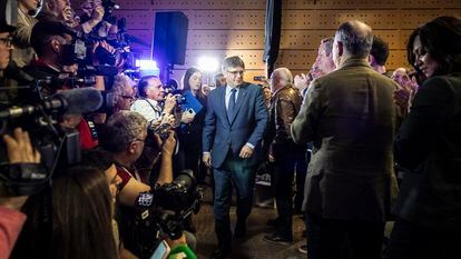 Carles Puigdemont, este jueves durante la rueda de prensa donde ha anunciado su candidatura al 12-M, en Elna (Francia).