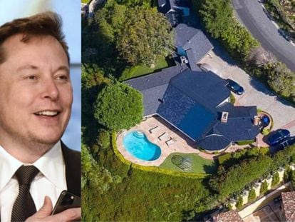 Elon Musk junto a un plano aéreo de una de las cinco casas que vende, que perteneció a Gene WIlder y cuesta unos 8,3 millones de euros. 