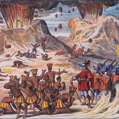 MEXICO - NOVEMBER 19:  Cortes Pass: Meeting between the tribes of Tlaxcala and the army of Hernan Cortes between the Popocatepetl and Iztaccihuatl Volcanos, Mexico 16th Century, engraving 17th Century. (Photo by DeAgostini/Getty Images)