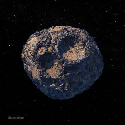 Ilustración del aspecto que puede tener el asteroide metálico que visitará 'Psyche'.