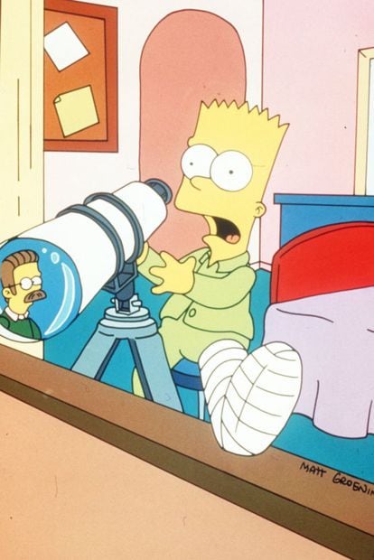 En los primeros tiempos de la serie, Bart era el personaje que despertaba más simpatías por sus travesuras. En la imagen, Bart como James Stewart en 'La ventana indiscreta'. En la serie son continuos los homenajes a las grandes películas del cine.