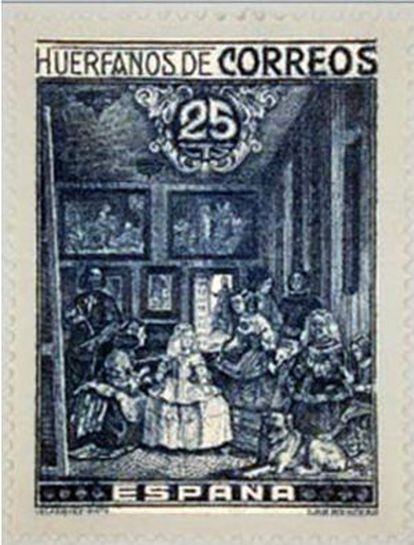Sello emitido en España en 1938 por el Gobierno de la República, para conmemoración el III Centenario de la muerte de Velázquez en beneficio de los infantes huérfanos de los trabajadores de Correos.