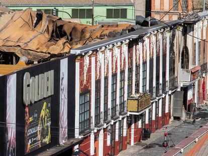Vista aérea de las discotecas Golden, Teatre y La Fonda de Murcia, tras el incendio en el que fallecieron 13 personas.
