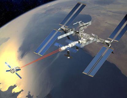 Ilustración de la maniobra de aproximación del carguero ATV, guiado por un sistema de laser.