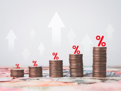 Coins stacking with white up arrow and percentage on international banknote for increasing Financial interest rate and inflation concept.