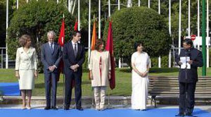 La Reina Sofía, que presidió la inauguración de una escultura de Mahatma Gandhi esta mañana en la Plaza Joan Miró de Madrid.