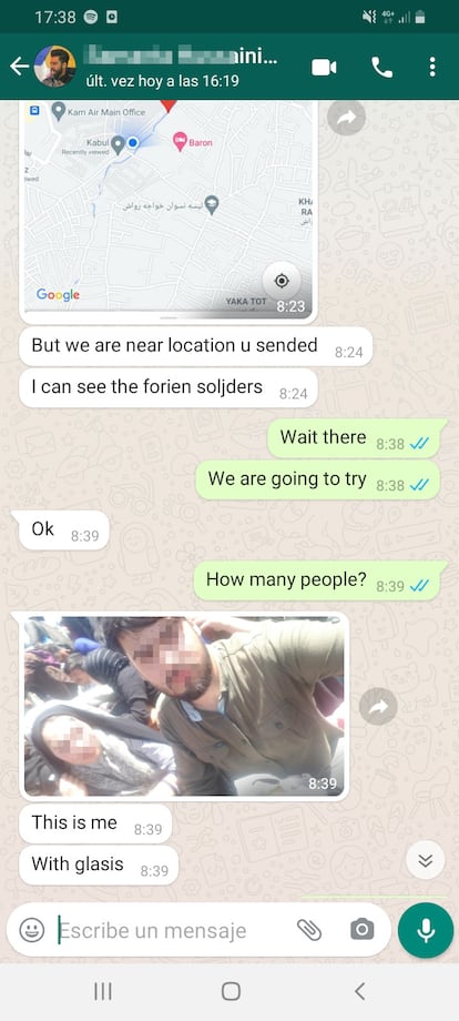 Mensaje de WhastApp intercambiado durante el rescate de las familias afganas.