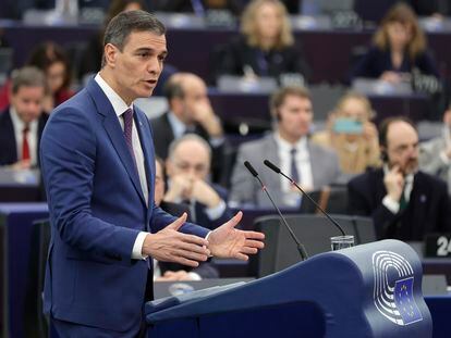 El presidente del Gobierno de España, Pedro Sánchez, durante su discurso ante el Parlamento Europeo, este miércoles en Estrasburgo (Francia).