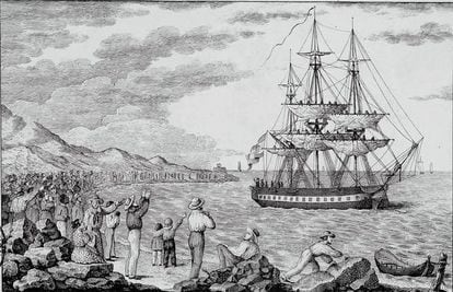 La corbeta 'María Pita', fletada para la expedición que transportaba el antídoto contra la viruela en los cuerpos de 22 huérfanos, partiendo del puerto de La Coruña en 1803 (grabado de Francisco Pérez).