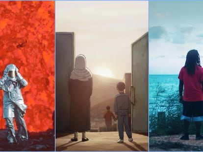De izquierda a derecha: 'Fire of Love', 'Flee' y 'Descendientes', tres de los documentales del año que pueden verse en plataformas.