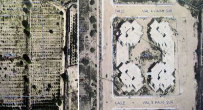 Fotografía tomada por satélite de la misma parcela en 2005 y 2012, donde se han construido cuatro torres ilegales de ocho alturas.