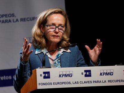 Nadia Calviño, durante su intervención este miércoles en el II Foro sobre Fondos Europeos en el Instituto Cervantes en Madrid.