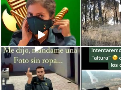 Distintos momentos del perfil de TikTok de la Guardia Civil. En vídeo, la próxima grabación que el instituto armado publicará en la red social, adelantada a EL PAÍS.