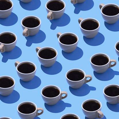 Coffee cups on light blue ground, 3D Rendering
