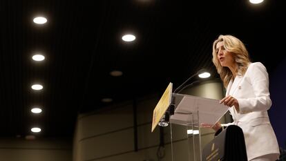 Yolanda Díaz interviene durante la toma de posesión de su cartera como vicepresidente segunda del Gobierno y ministra de Trabajo y Economía Social.