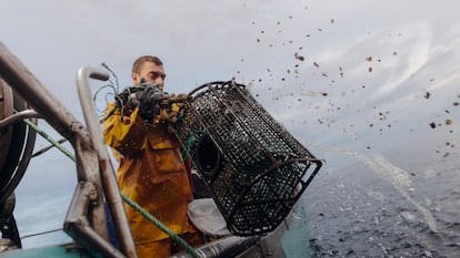 Sergio Carracedo recogiendo una de las nasas vacías que ha permanecido durante varios días en el mar.