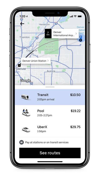Pantalla de Uber en la que aparece la opción de transporte público junto con sus servicios de coches.
