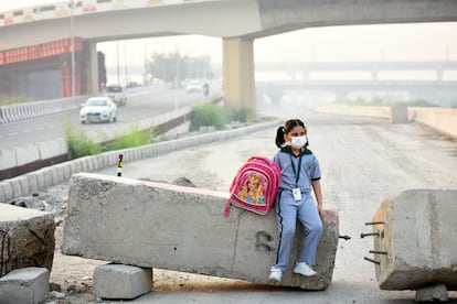 Una niña lleva una mascarilla anti polución en Nueva Delhi (India).