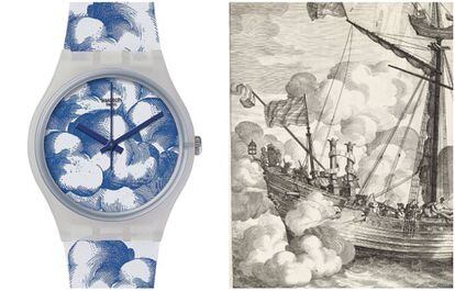 A la izquierda, el reloj de la colección Swatch x Rijksmuseum inspirado en el grabado de Jacob Neefs ‘Espectáculo con barco, fuegos artificiales y las columnas de Hércules’ (a la derecha).