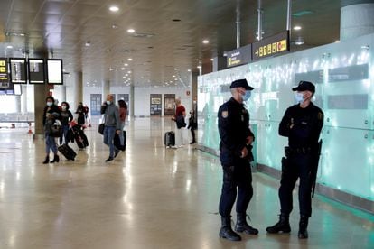 Agentes de la Policía Nacional vigilan la puerta de llegadas del aeropuerto de Valencia, adonde han llegado en avión en los últimos días un número indefinido de inmigrantes desde Canarias.